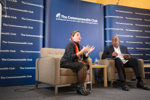 Ms. Kenia Serrano speaking at the Commonwealth Club with Walter Turner, President of the Board of Directors of Global Exchange.